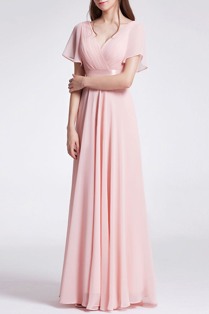 Flowy Chiffon Prom Dresses V-neck Ruffled Sleeve Formal Evening Dress E90812