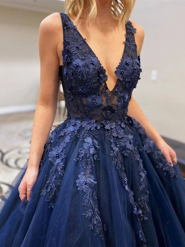 A-line V Neck Appliques Navy Blue Prom Dresses PO433