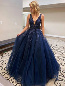 A-line V Neck Appliques Navy Blue Prom Dresses PO433