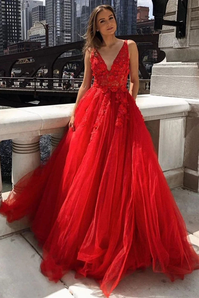 A Line V Neck Red Lace Appliques Long Prom Dresses