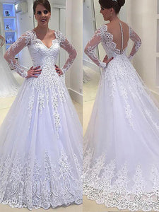 Long Sleeves V-neck Tulle Applique Ball Gown Wedding Dress OW185