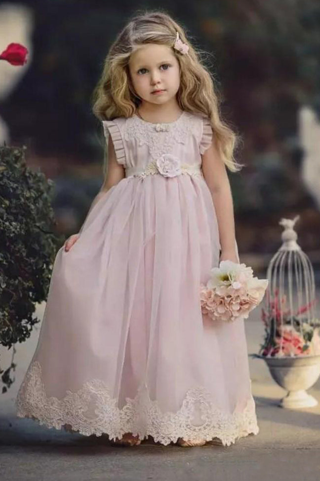 Princess Scoop Neckline Blush Pink Flower Girl Dress With Appliques OF126