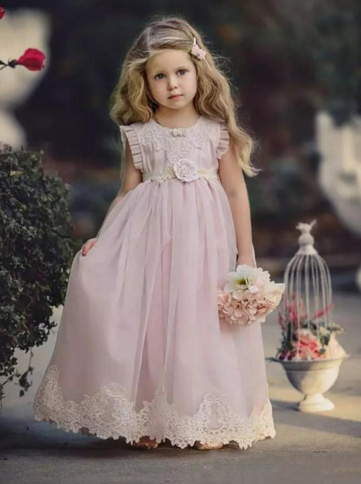 Princess Scoop Neckline Blush Pink Flower Girl Dress With Appliques OF126