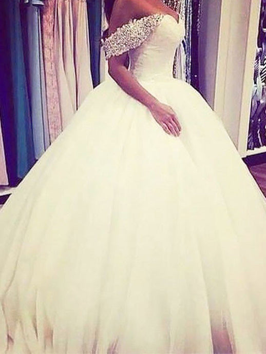 Off-Shoulder Sleeveless Beading Ball Gown Tulle Wedding Dress OW187