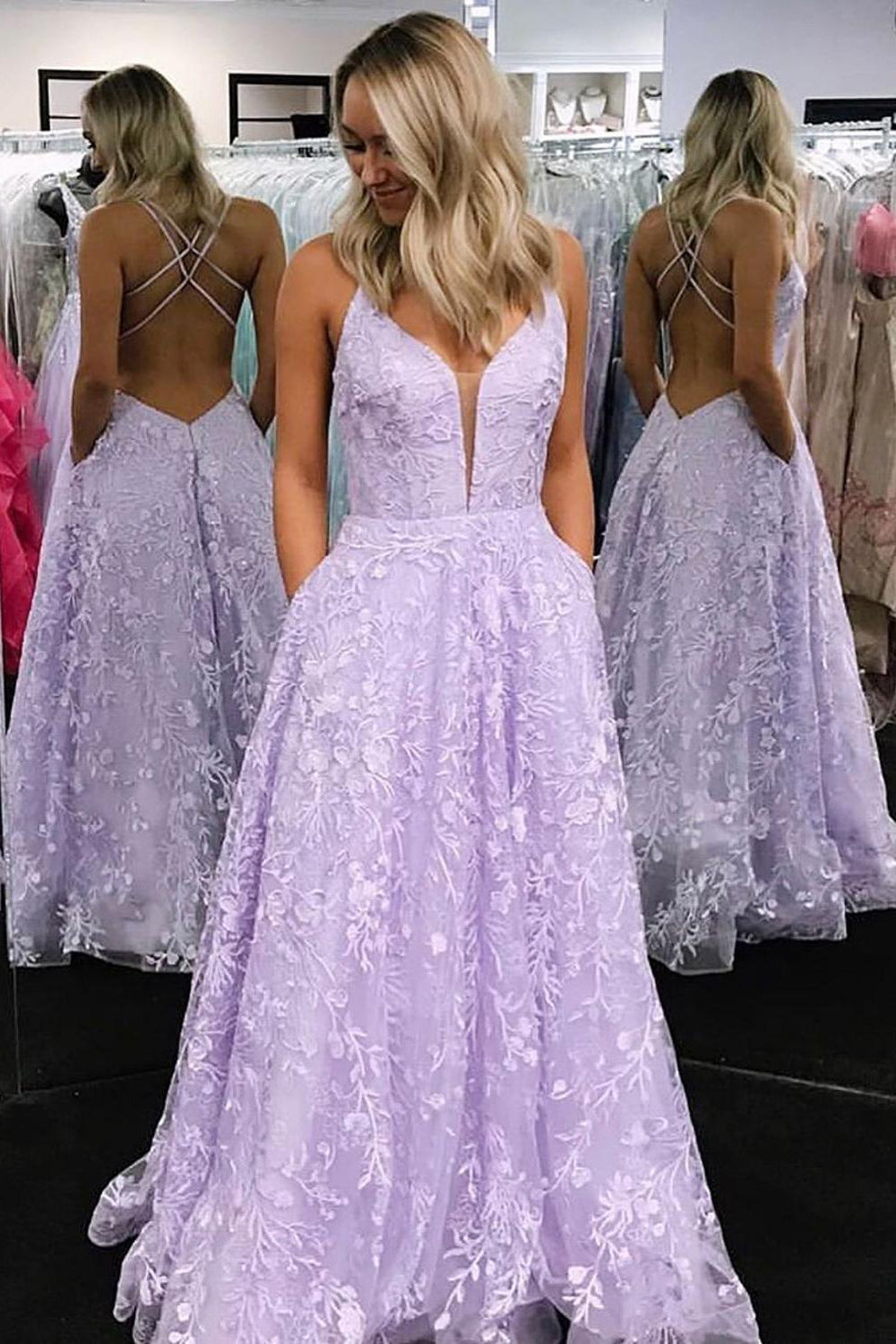 A-line Long Lilac Lace Prom Dresses Backless Formal Gown With Pockets PO336