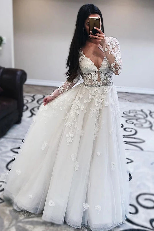 Princess V-Neck Long Sleeves V-Back Tulle Wedding Dresses With Lace Appliques