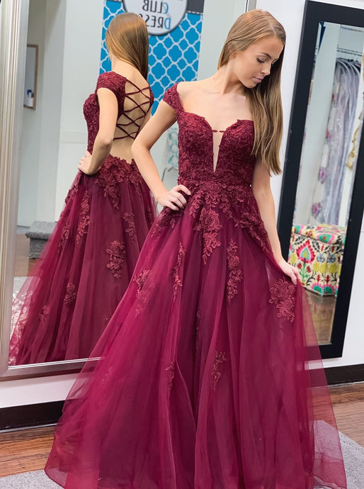 Off Shoulder V-neck Tulle Appliques Long Backless Prom Dresses PO298