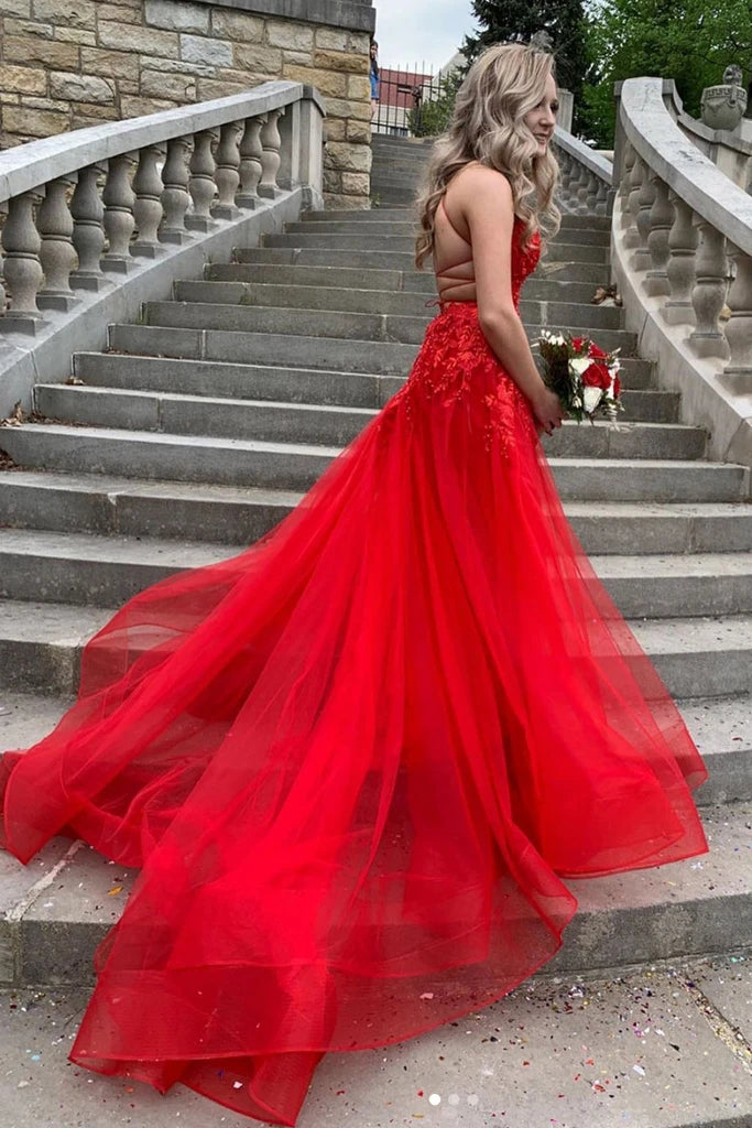 Red V-neck Tulle Long Prom Dresses Backless Long Evening Dress PO295