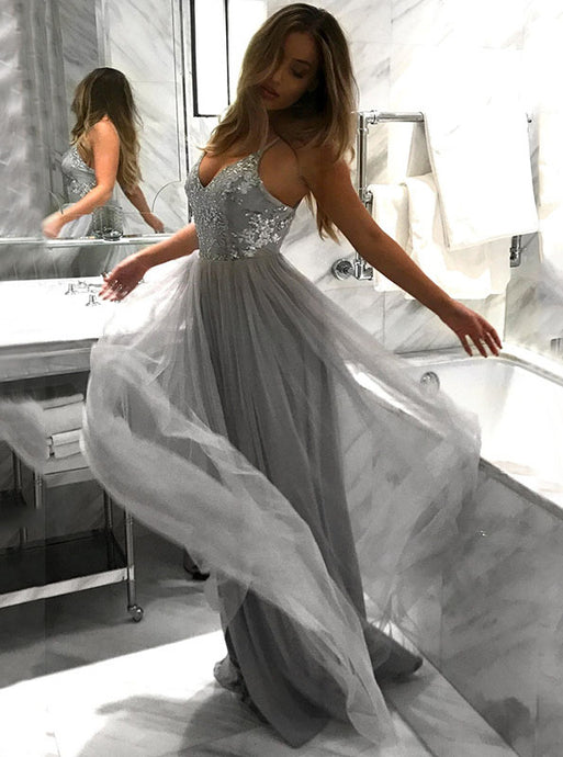 Spaghetti Straps V-neck Tulle Grey Long Prom Dresses With Sequins PO035