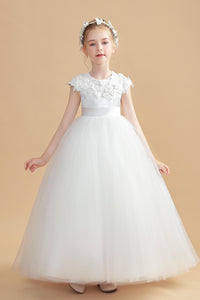 Short Sleeves Round Neck Satin Flower Girl Dress With Lace Appliques