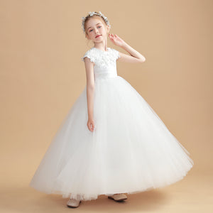 Short Sleeves Round Neck Satin Flower Girl dress With Lace Appliques