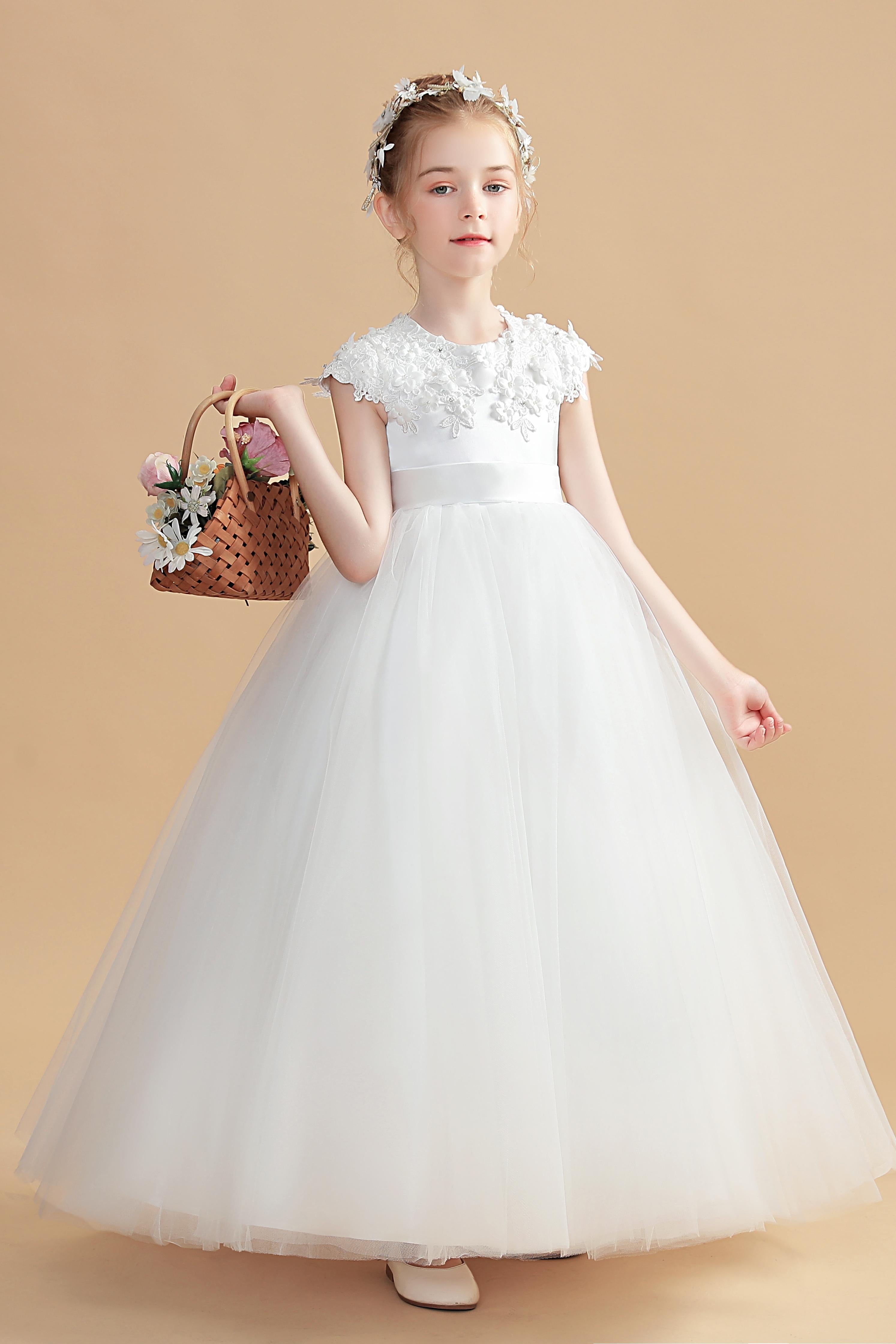 Short Sleeves Round Neck Satin Flower Girl Dress With Lace Appliques