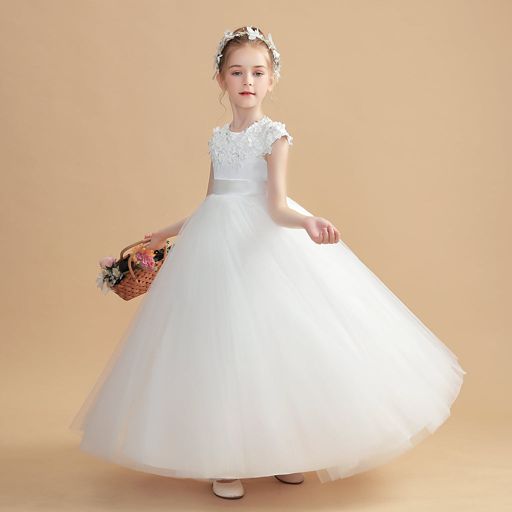 Short Sleeves Round Neck Satin Flower Girl Dress With Lace Appliques