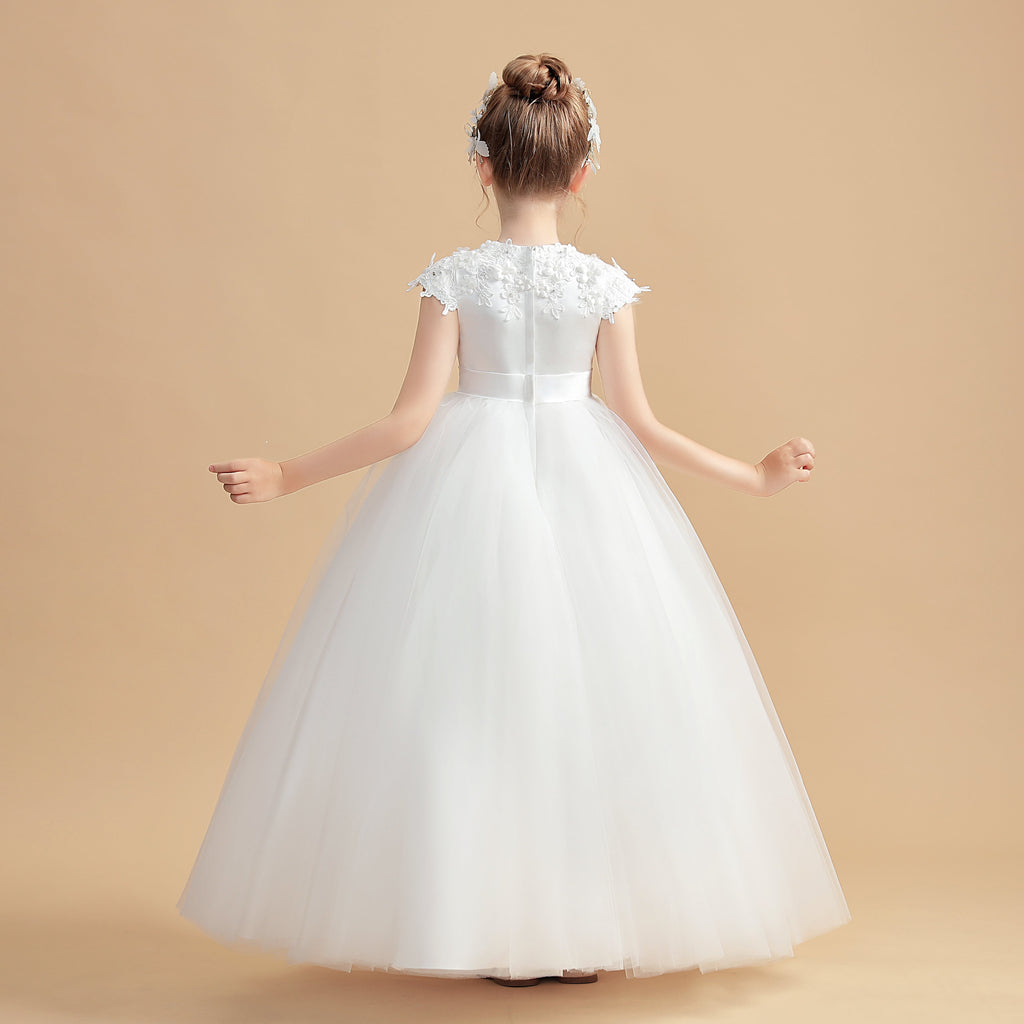 Short Sleeves Round Neck Satin Flower Girl Dress With Lace Appliques
