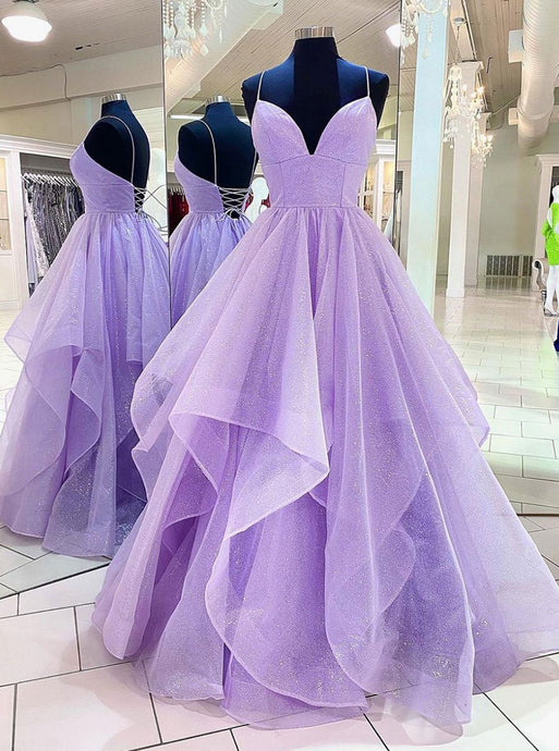 Purple V Neck Tulle Sequin Long Prom Dress, Purple Evening Dress