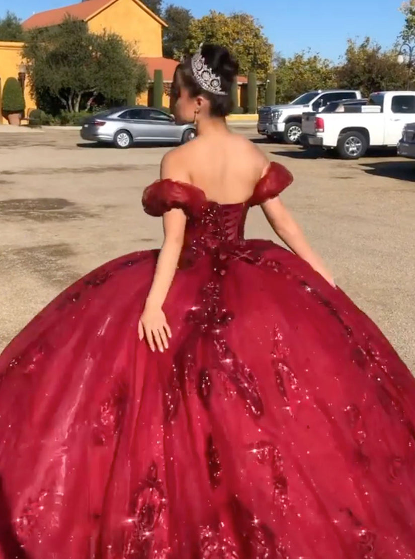 Burgundy Off Shoulder Tulle Lace Long Prom Dress Sweet 16 Dress