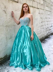 A-Line Sweetheart Beading Sweep Train Ball Gown Long Prom Dress