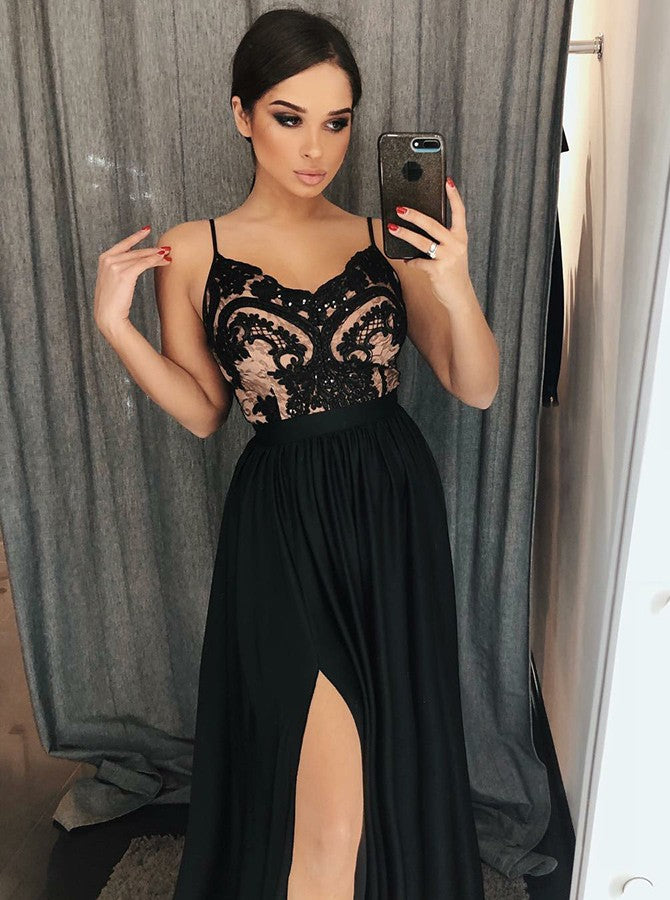 Sexy Black A-Line Spaghetti Straps Lace Satin Long Prom Dress With Split