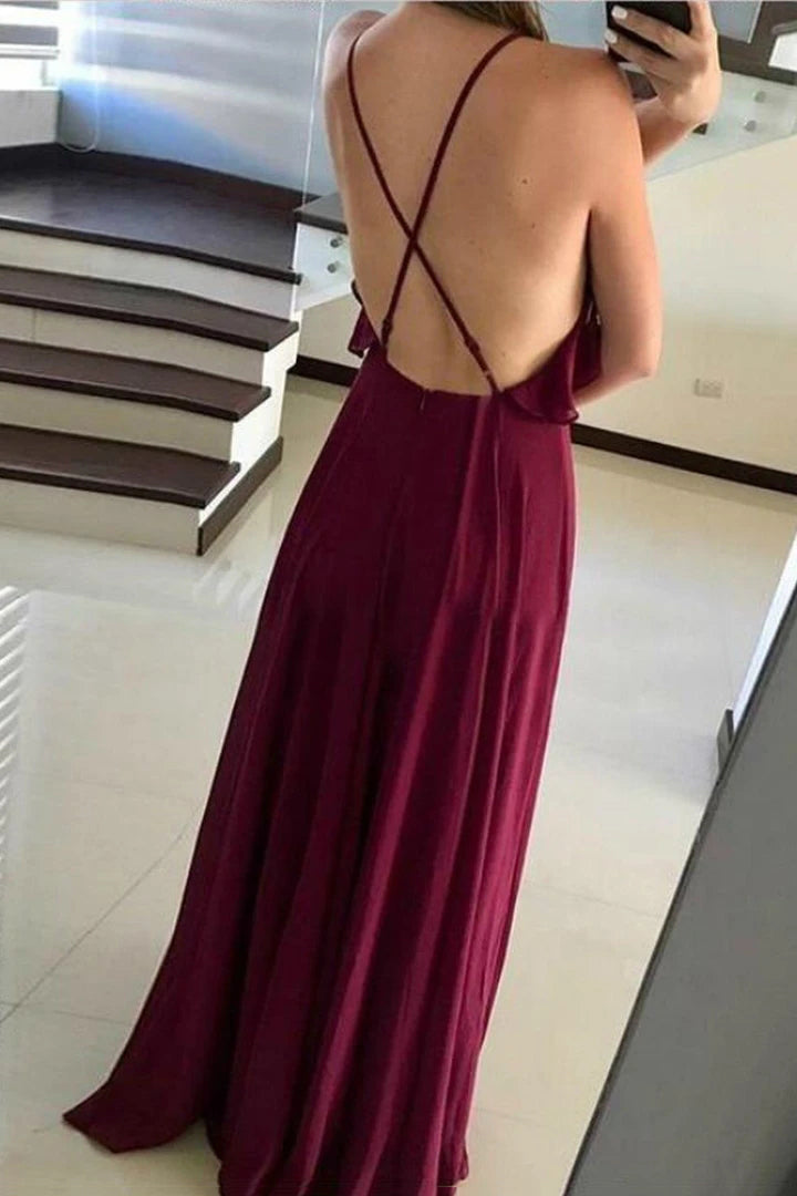 Flowy Flounced Neckline Chiffon Long Backless Prom Dresses PO290