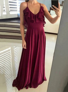 Flowy Flounced Neckline Chiffon Long Backless Prom Dresses PO290