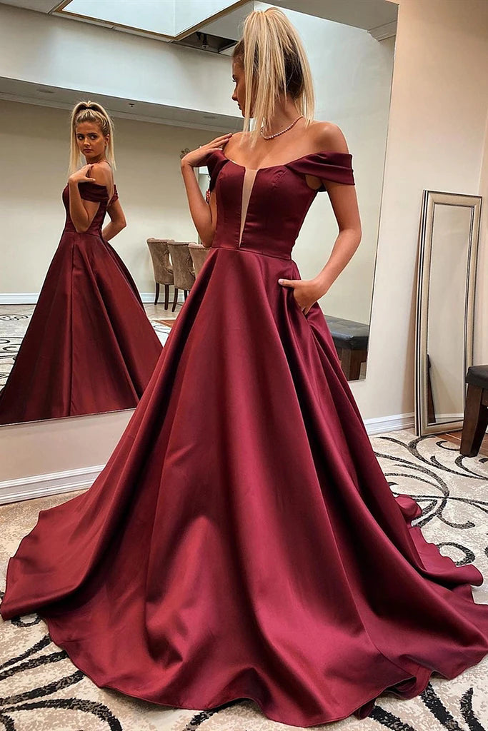 Off Shoulder Burgundy Prom Dresses, Long Graduation Evening Dress With Pockets PO416