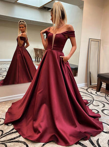 Off Shoulder Burgundy Prom Dresses, Long Graduation Evening Dress With Pockets PO416