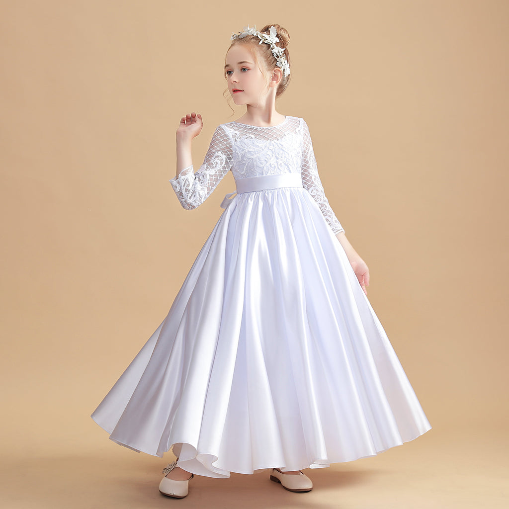 Round Neck Long Sleeves White Satin Flower Girl Dress With Bowknot