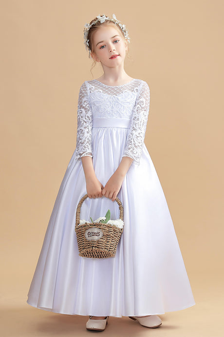 Round Neck Long Sleeves White Satin Flower Girl dress With Bowknot