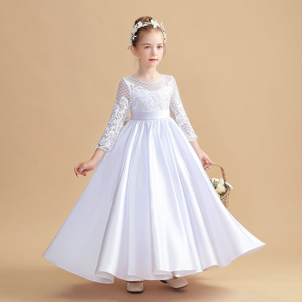 Round Neck Long Sleeves White Satin Flower Girl Dress With Bowknot