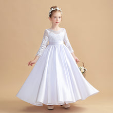 Round Neck Long Sleeves White Satin Flower Girl dress With Bowknot