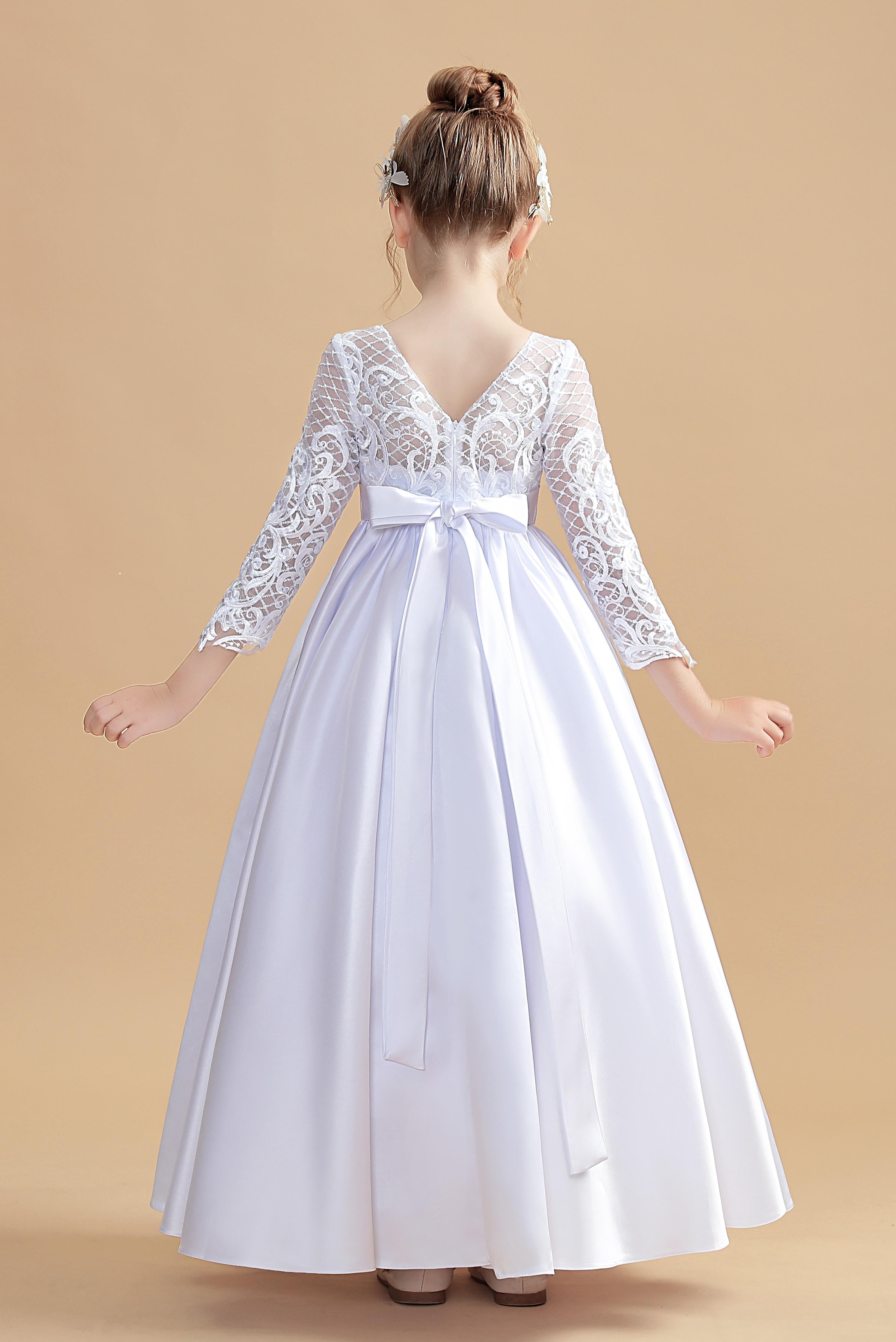 Round Neck Long Sleeves White Satin Flower Girl Dress With Bowknot