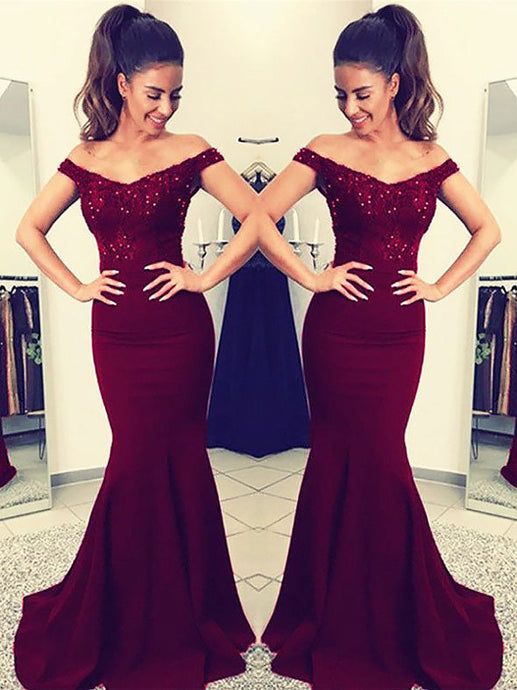 Satin Mermaid Off-the-Shoulder Sleeveless Floor-Length Lace Evening dress OP105