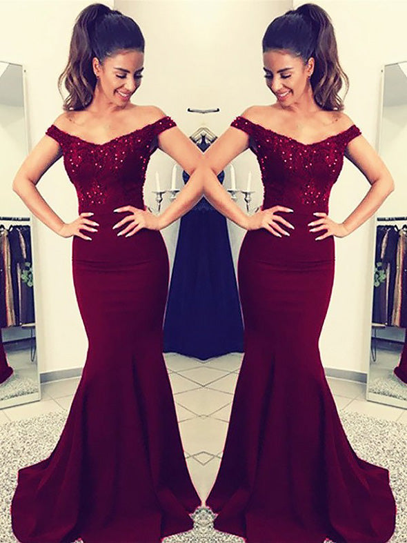 Satin Mermaid Off-the-Shoulder Sleeveless Floor-Length Lace Evening dress OP105
