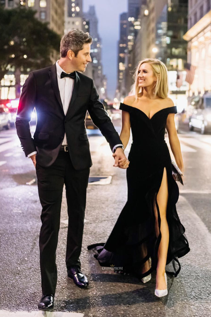 Mermaid Black Off the Shoulder Long Prom Party Dress With Split OP501