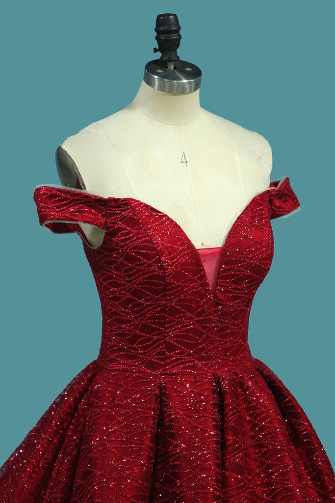 Sparkly Princess Red Off-The-Shoulder Ball Gown Prom Dress OP358