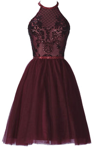 Burgundy A-Line Halter Tulle Homecoming Dress With Appliques