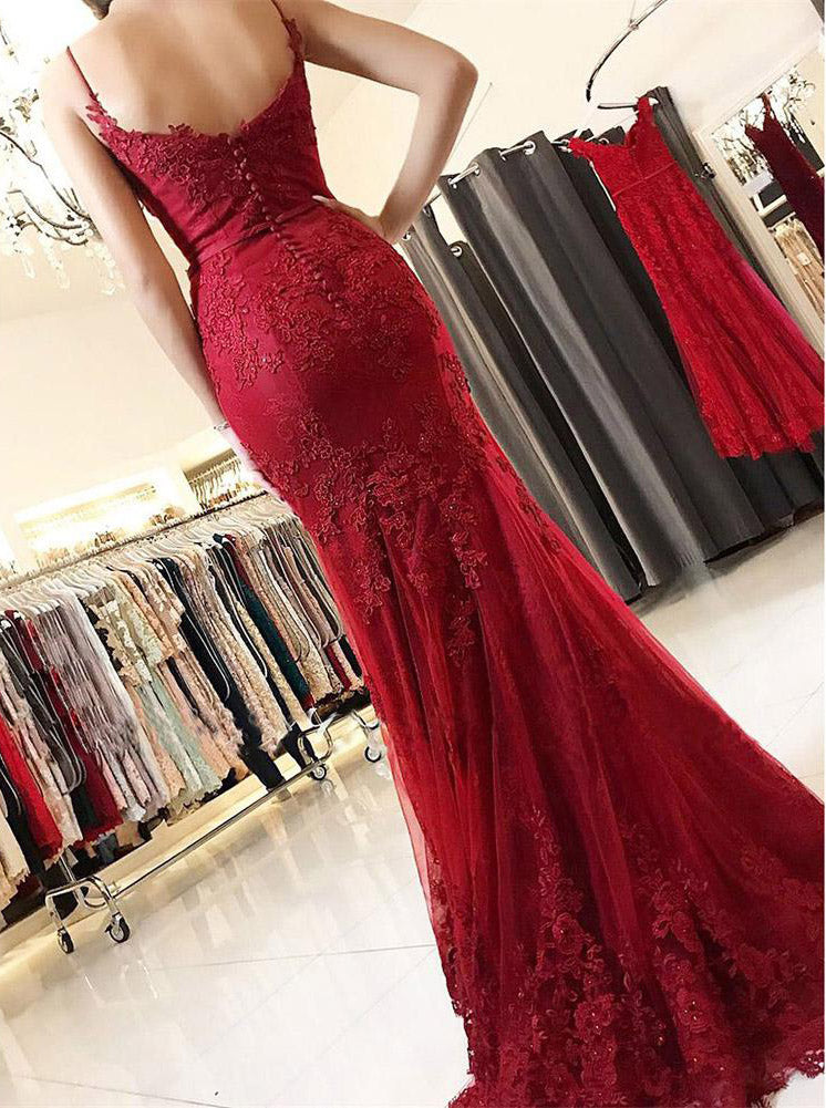 Mermaid/Trumpet Burgundy Spaghetti Straps Lace Long Prom Dress