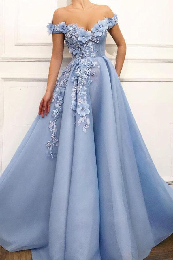 Charming Off Shoulder 3D Flower Appliques Net Blue Prom Dresses PW464