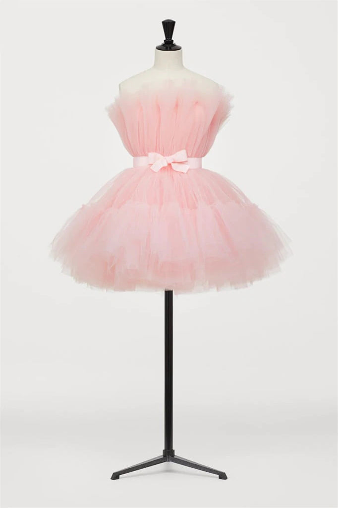 Cute Short Strapless Tulle Homecoming Dress With Bowknot