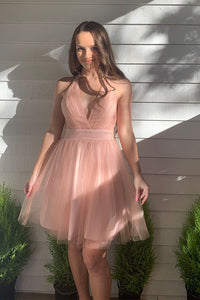 Pink Deep V Neck Backless Tulle Short Homecoming Dress