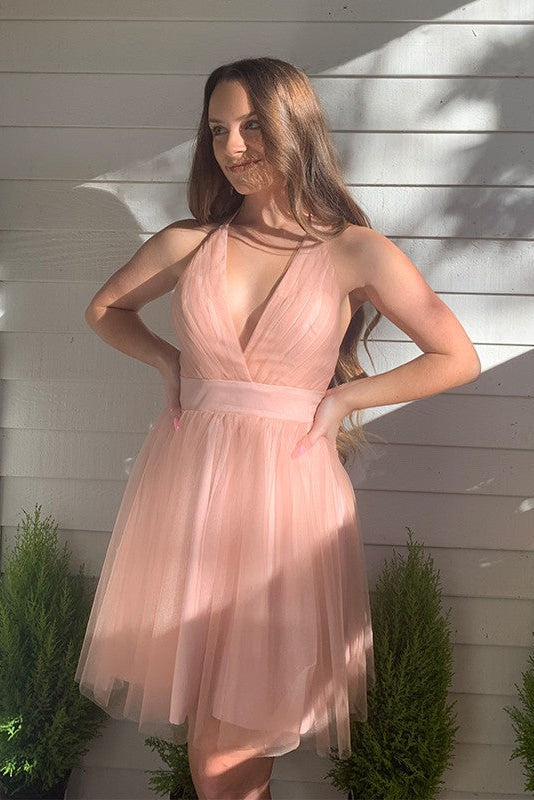 Pink Deep V-Neck Backless Tulle Short Homecoming Dress