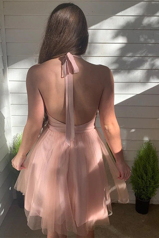 Pink Deep V-Neck Backless Tulle Short Homecoming Dress