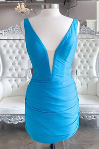 Simple blue V Neck Short Homecoming Dress