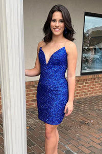 Sparkle Royal Blue Strapless V Neck Sequins Homecoming Dress