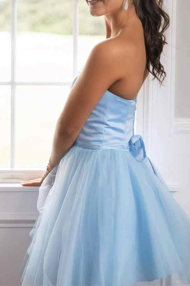 Short Light Blue Strapless A Line Tulle Homecoming Dress