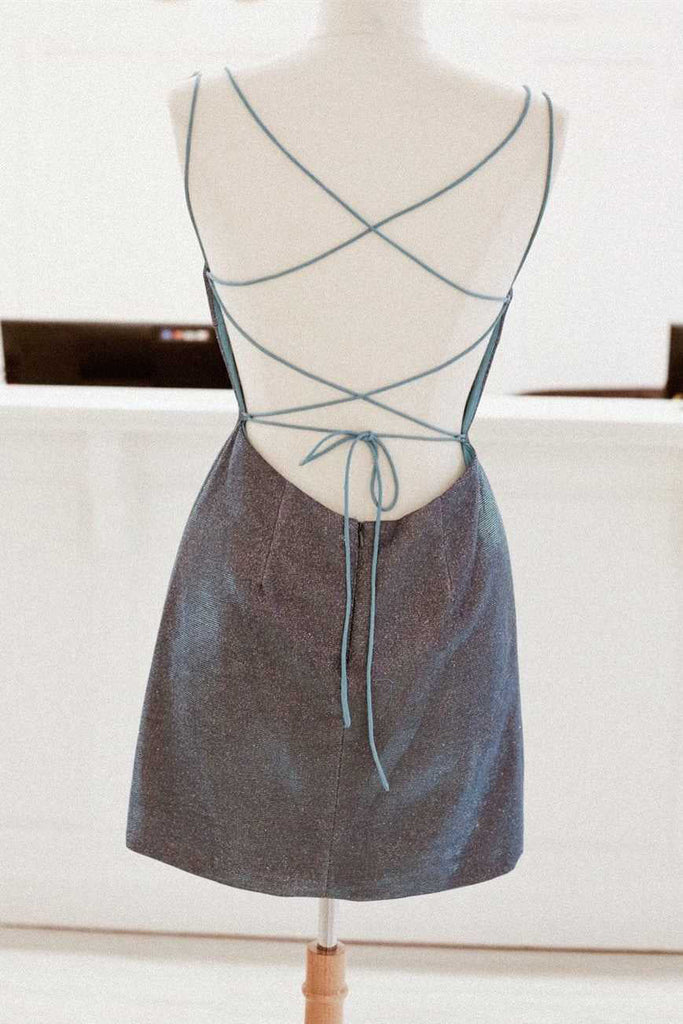 Pretty Short Blue Spaghetti-Straps Homecoming Dress