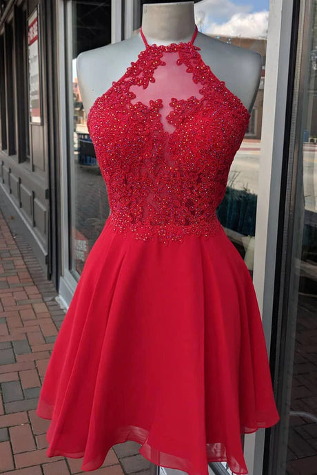 Red Short Halter Chiffon Appliques Beading Homecoming Dress