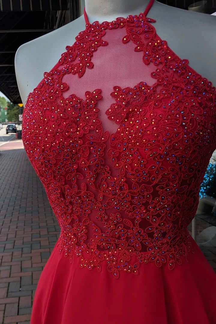 Red Short Halter Chiffon Appliques Beading Homecoming Dress