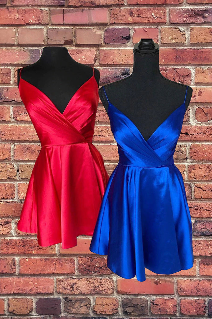 Sexy Short V-Neck Spaghetti Straps Satin Homecoming Dress