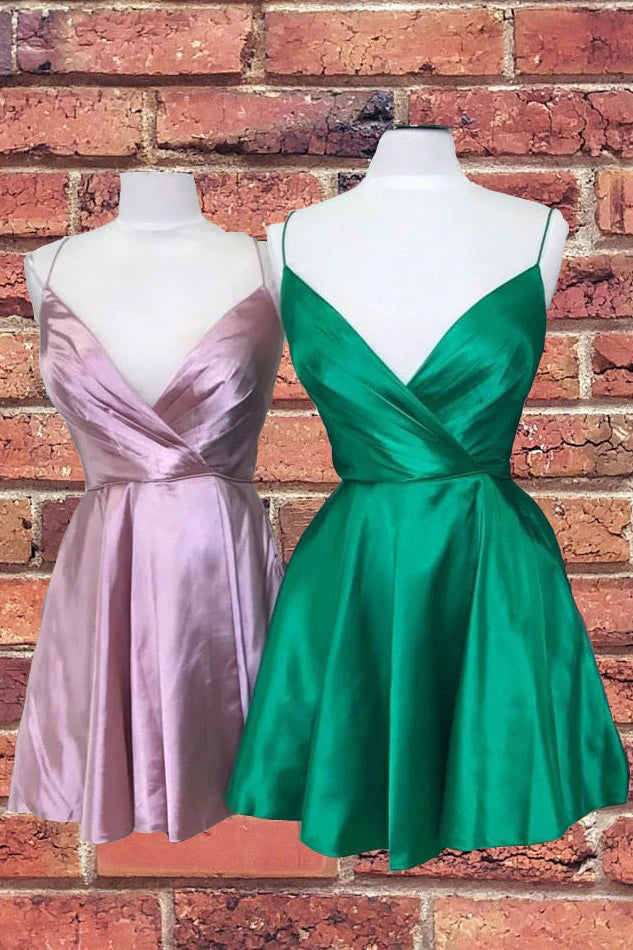 Sexy Short V-Neck Spaghetti Straps Satin Homecoming Dress